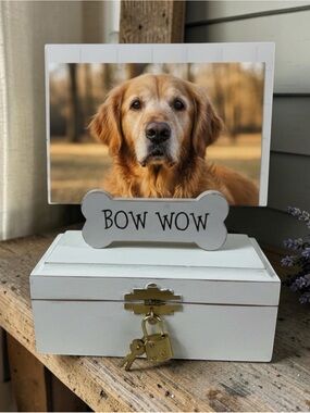 Wooden Pet Memorial Box with 'Bow Wow' Photo Holder - White